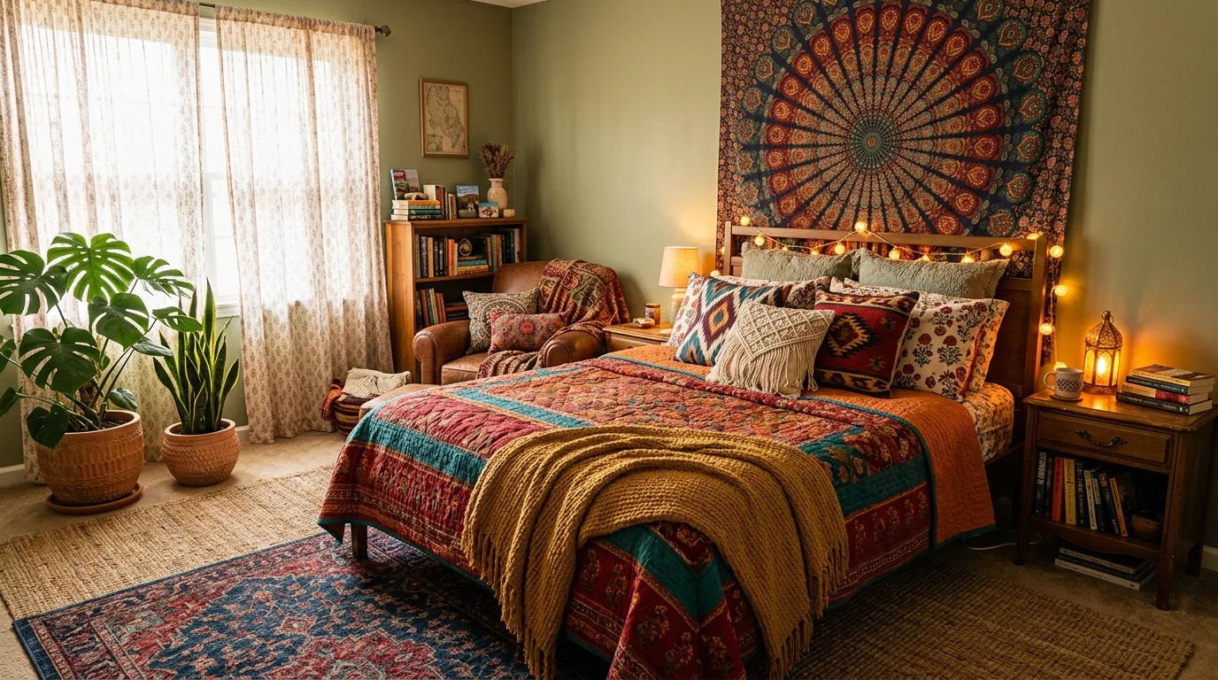 Keep surfaces curated instead of overloaded inspiration for a boho bedroom.